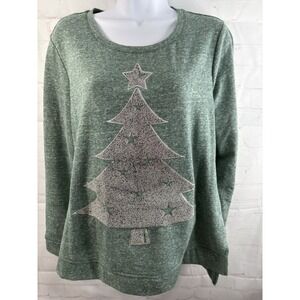 Women's Christmas Tree Long Sleeve Tshirt Green Silver Small Holiday Top